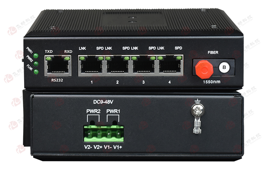 飞畅科技-网管型 工业级1路百兆光口转4路百兆电+1路串口交换机