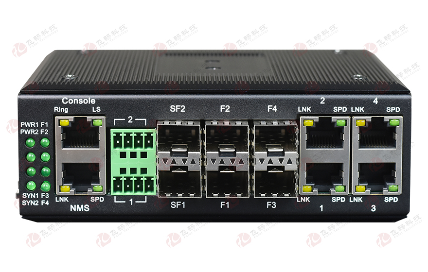 飞畅科技-工业轨式4百兆电+4路百兆光+2千兆光环网交换机