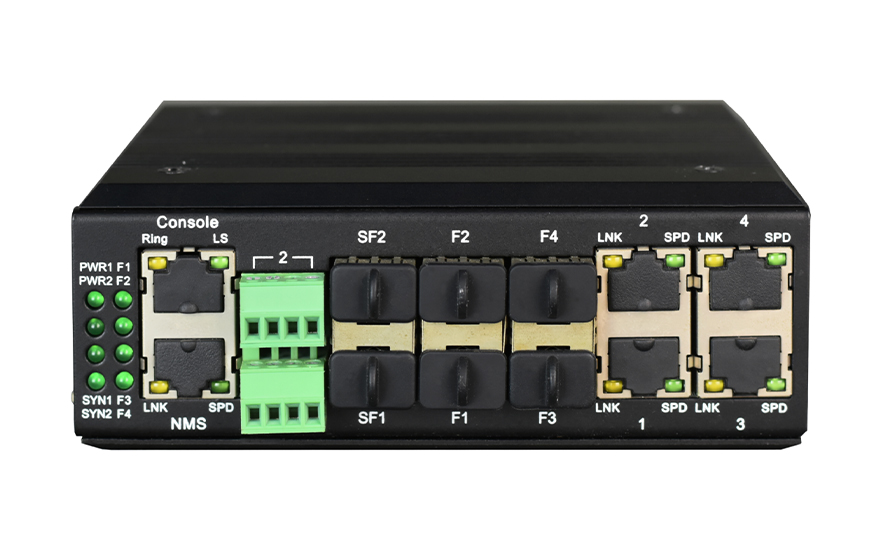 飞畅科技-工业轨式 汇聚型4路百兆电+4路百兆SFP光转2路千兆SFP光 交换机