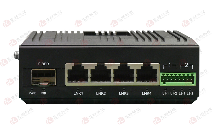 飞畅科技-工业轨式2路串口／4路开关量+4路千兆电 光端机