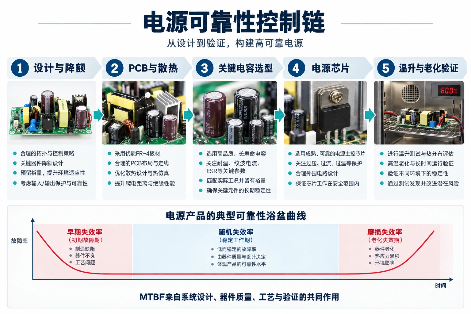 电源可靠性控制链：设计降额、PCB散热、电容选型、电源芯片与温升老化验证