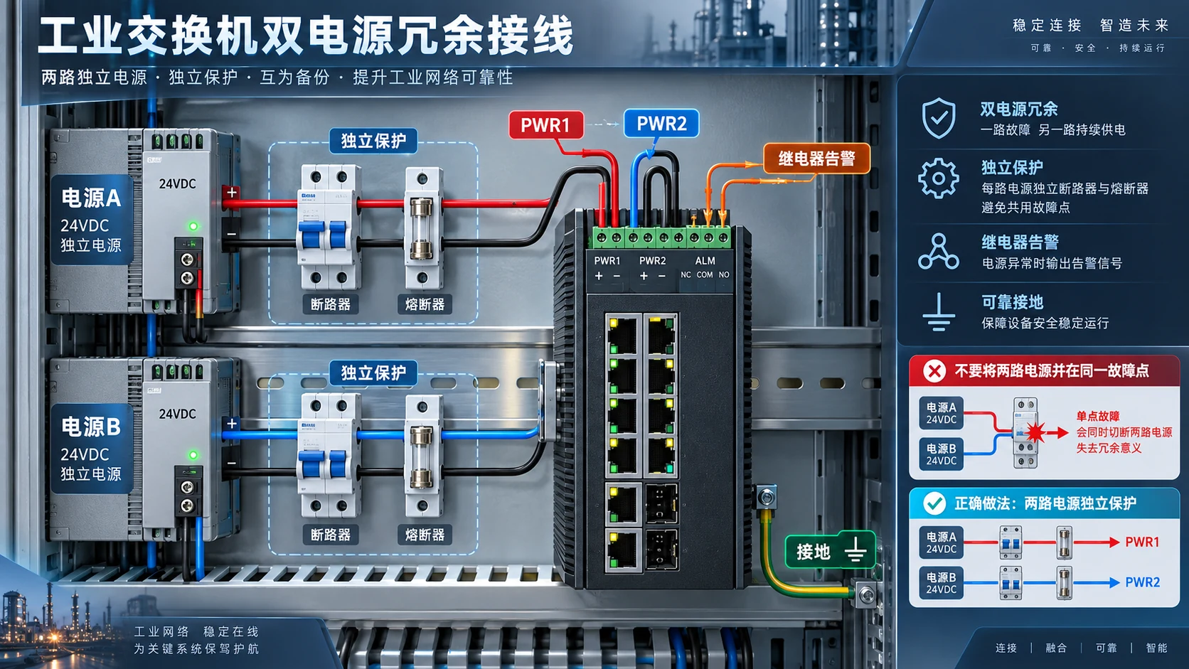 工业交换机双电源怎么接:冗余供电、告警与现场验收指南