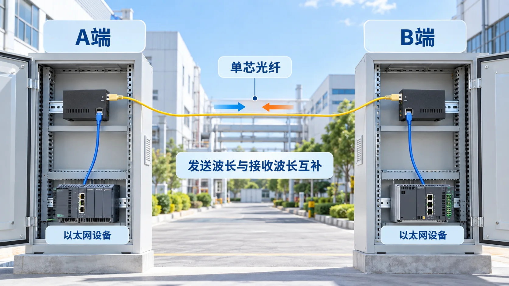 单芯光纤连接两端收发器的现场应用示意